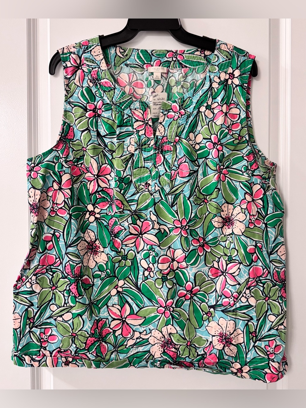 #3030 - Talbots 100% Cotton Notch Neck Sleeveless Tank Top Tropical Floral Green